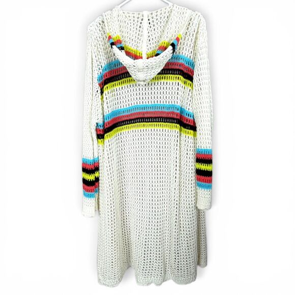 Scoop Sweaters - boho chunky crochet hooded duster cardigan coverup rainbow trim festival cozy xl